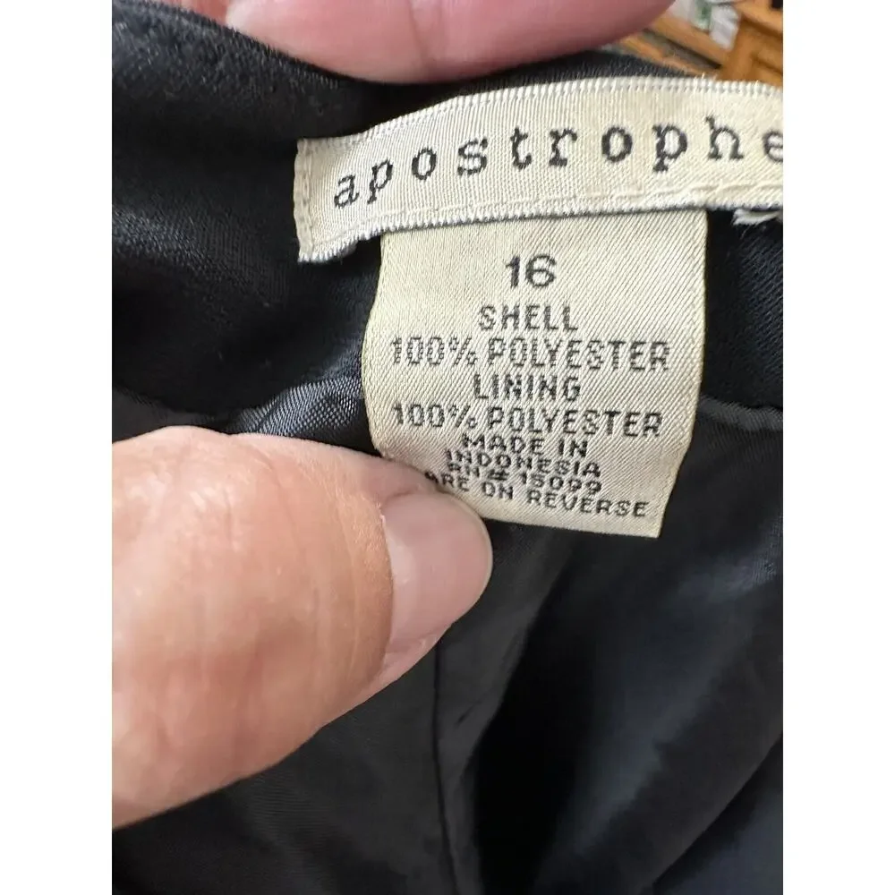 Apostrophe Women’s Black Lined Dress Pants Straight Leg Embroidered Side Size 16